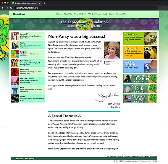 The Leprechaun Foundation website home page screen capture